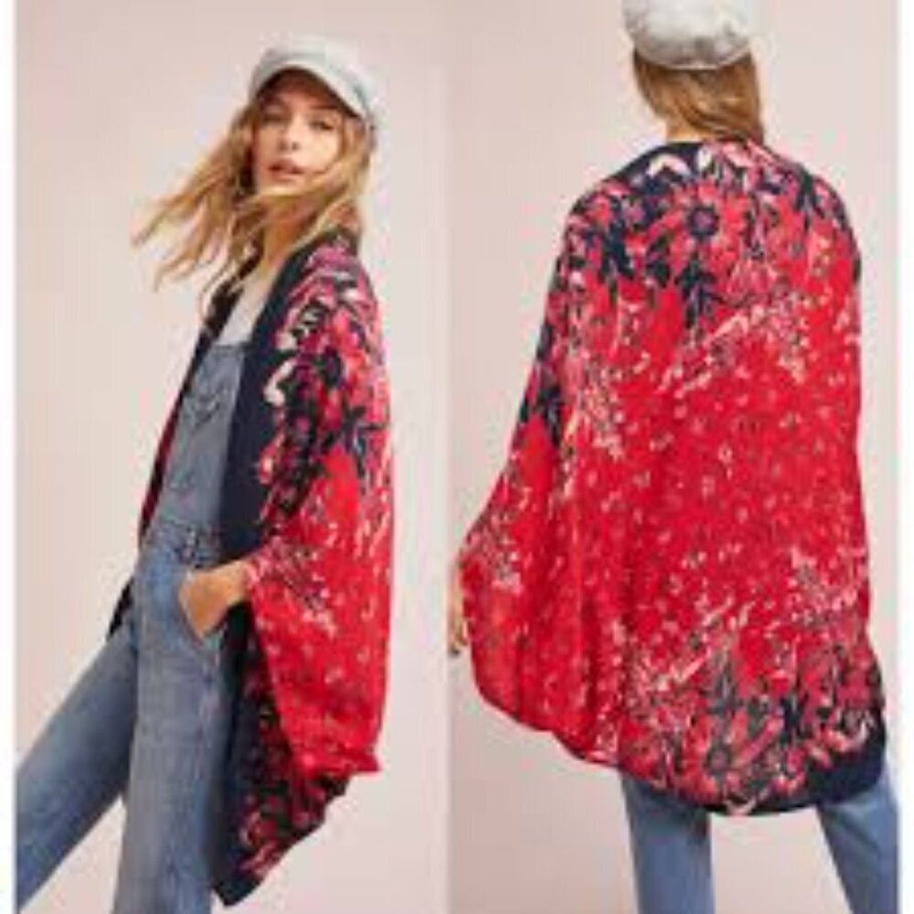 Floreat Anthropologie One Size Annalisa Red Floral Cocoon Kimono Top Boho Hippie